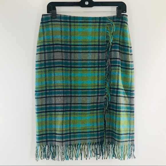 NWT J. Jill Grey Green Teal Navy Plaid Wool Blend  Asymmetric Fringe Blanke… - Picture 2 of 8